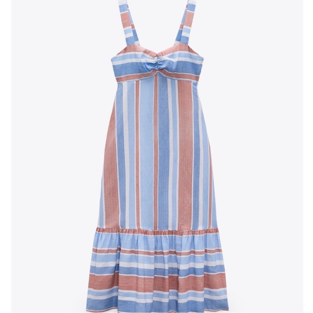 Zara Blue & Orange Striped Linen Midi Dress